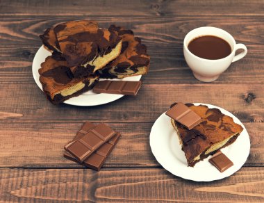 Marble cake in white plate cut into pieces a la carte