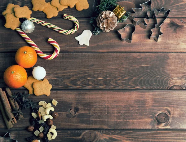 On a wooden desk background Christmas composition — Zdjęcie stockowe