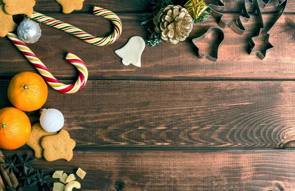 On a wooden desk background Christmas composition — Zdjęcie stockowe