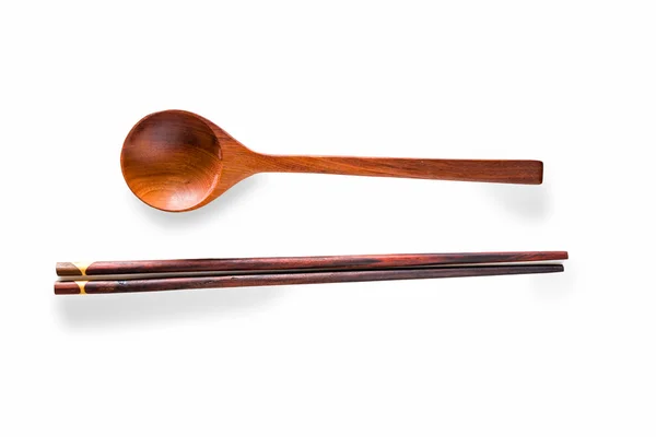 木制筷子和勺子孤立在白色背景上 — 图库照片