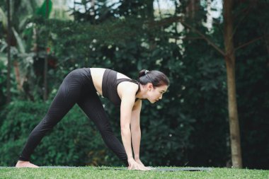 Yoga yapan Asyalı kadın. Yoğun yan esneme pozisyonunda. Açık hava parkındaki minderin üzerinde..