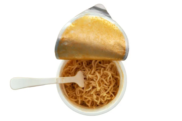 Bovenaanzicht Van Kopje Instant Noodle Klaar Eten Geïsoleerd Witte Achtergrond — Stockfoto