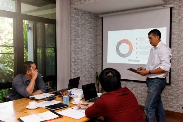 Business team meeting and discussing project plan. Businessmen discussing together in meeting room. Professional investor working with business project together.