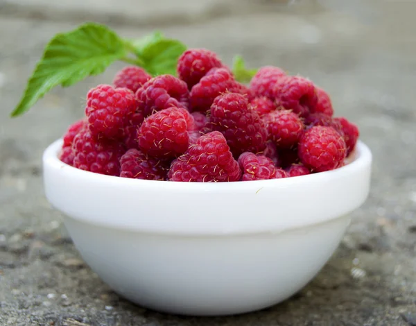 White plate full of fresh berries ripe raspberry is on the floor — Stock Photo, Image