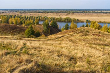 Ağaçlar, tepeler ve bir nehirle sonbahar manzarası. Zengin altın ve yeşil renklerle tipik Rus görüşü.