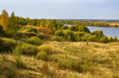 Ağaçlar, tepeler ve bir nehirle sonbahar manzarası. Zengin altın ve yeşil renklerle tipik Rus görüşü.
