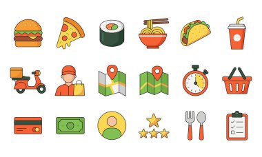 Yemek dağıtım ikonu seti: hamburger, pizza, suşi, kurye, scooter, harita ve ödeme sembolleri. Uygulamalar ve ağ için düz vektör simgeleri