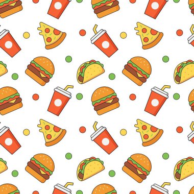 Hamburger, pizza dilimi, taco ve soda bardağı beyaz arka planda.