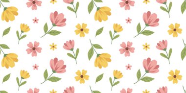 Sarı ve pembe çiçekli, tatlı bahar çiçekleri. Vektör düz doğa arkaplanı