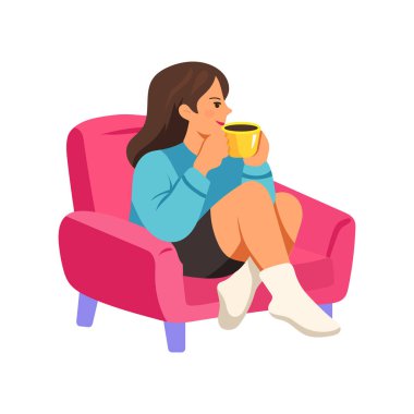 Pembe bir koltukta oturan genç bir kadın sıcak kahve içiyor. Konforlu ev rahatlama ve rahatlama konsepti vektörü