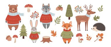 Süveter giymiş şirin orman hayvanları çocuk odası tasarım vektörü olarak ayarlandı.