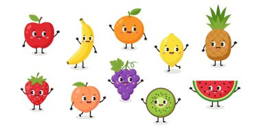 Çocuk eğitim vektörü olarak komik suratlı sevimli çizgi film karakterleri.