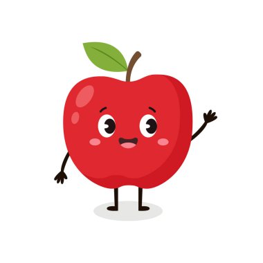 Sağlıklı yemek tasarımı vektörü için gülen yüzlü sevimli kırmızı elma çizgi film karakteri.