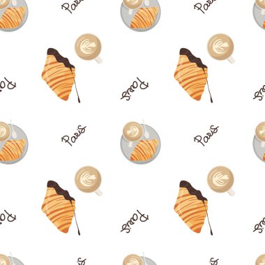 Çikolatalı kruvasan, cappuccino bardakları ve harf vektörleriyle Paris kusursuz desen.