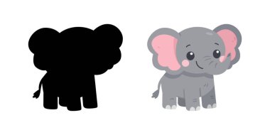 Çocukların eğitim amaçlı oyun vektörleri için gölge silueti olan şirin bebek fil çizgi filmi