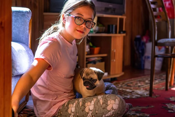 A girl with glasses sits on the carpet at home and plays with a pug puppy.