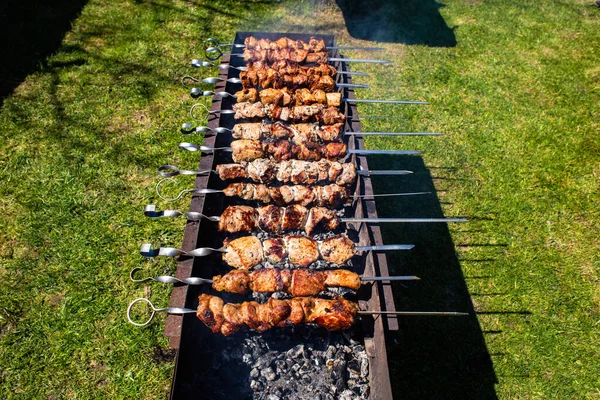 Viele Spieße Mit Leckeren Spießen Werden Der Natur Auf Einem — Stockfoto