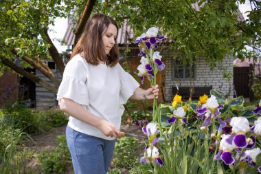 Keskin bıçaklı kadın çiçeklerle dolu bahçedeki çiçeklerin rengini kesiyor.