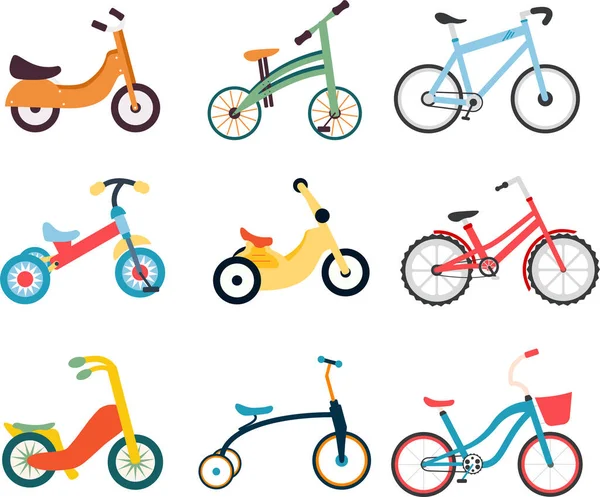 Set of kids bicycles and tricycles in flat style. Wood and metal bikes for boys and girls. Colorful bicycles with different frame types. Children toy. Vector simple icons set on a white background.