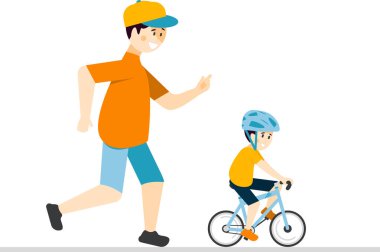A caring dad teaches his son to ride a bike for the first time. Father helps man kid riding bike. Parenting, parenting concept. Vector illustration isolated on white background in flat style.