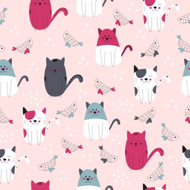 Kediler ve balıklarla renksiz desen