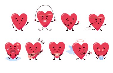 Moda, sevimli, kırmızı kalp karakteri. Çizgi film karakteri düz vektör çizimi. Çıkartma paketi.