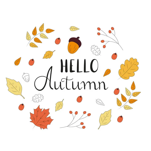 Illustration vectorielle lettrage Bonjour automne avec feuilles, rowan, glands. Retour à l'école. — Image vectorielle