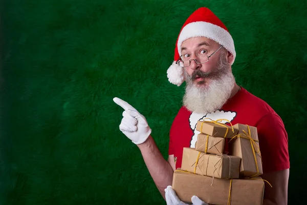 Mature Bearded Man Wearing Santa Hat Many Gifts Hand Santa — Stock Photo, Image