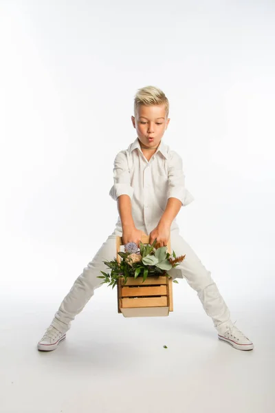 Estudio retrato de moda chico rubio caucásico con cesta de madera de flores, fondo blanco, espacio de copia —  Fotos de Stock