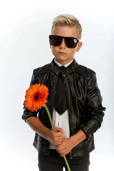 Retrato de estudio del chico rubio caucásico de moda con una sola flor de gerberas, fondo blanco, espacio para copiar —  Fotos de Stock