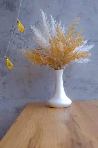 Скандинавський мінімалічний дизайн інтер'єру, біла ваза з очеретом на дерев'яному столі, цементна стіна і садок. — стокове фото
