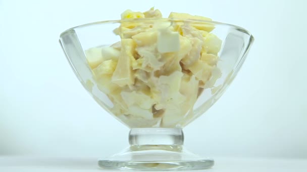 Salad of eggs, orange, chicken, cheese, standing — Stock Video