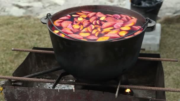 Cast iron pot with mulled wine — Stock Video