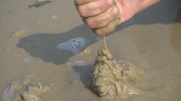 Um rapaz constrói um castelo de areia — Vídeo de Stock