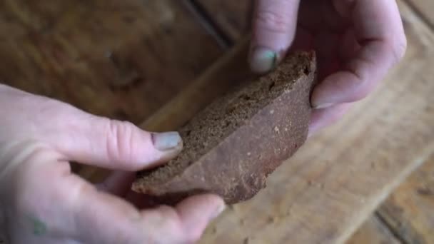 Elderly poor woman breaks black bread — Stock Video