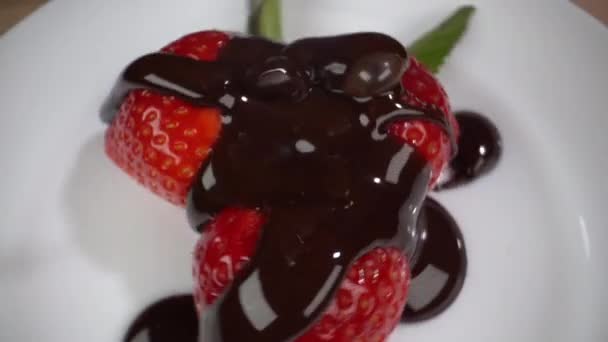 Jordgubbar hälls med flytande choklad — Stockvideo