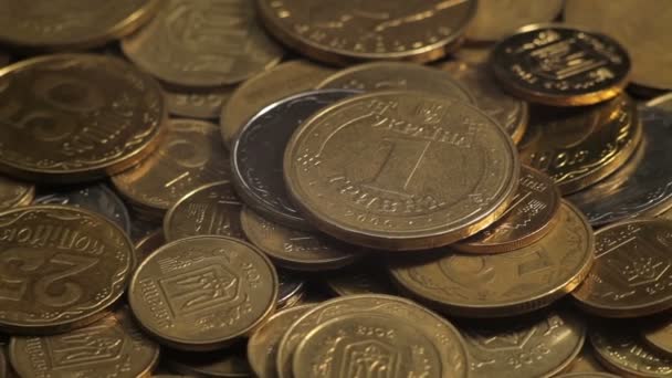 Χρήματα περιστροφή στο τραπέζι. Κέρματα. Hryvnia. — Αρχείο Βίντεο