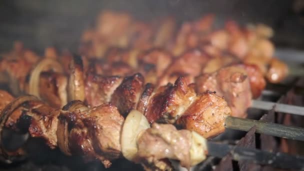 Carne asada en el fuego — Vídeo de stock