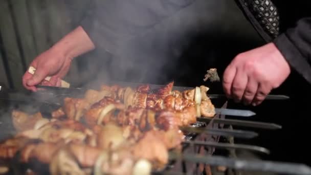 Fleisch auf dem Feuer gegrillt — Stockvideo