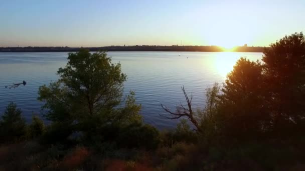 Flying Over The River at Sunset. Aerial Survey — Stock Video