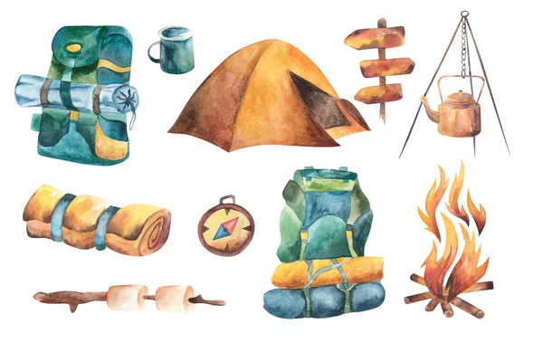 Туризм набор акварельных иллюстраций палатка рюкзак чайник — стоковое фото