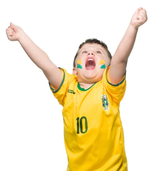 Niño pequeño en camiseta de fútbol nacional brasileña — Foto de Stock