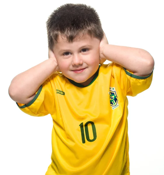 Niño pequeño en camiseta de fútbol nacional brasileña — Foto de Stock