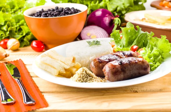 Grilled meat, rice and beans. — Stock Photo, Image