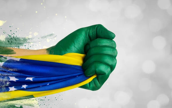 Brazilian fan patriot with flag — Stock Photo, Image