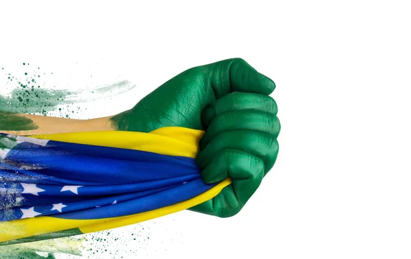 Brasileiro fã patriota com bandeira — Fotografia de Stock