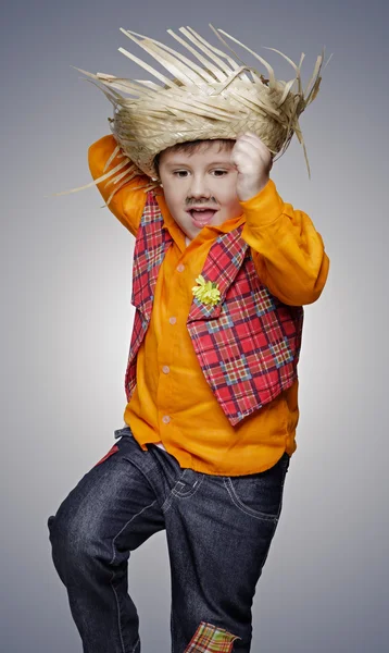Small boy with drawn beard and hat — Stock Photo, Image