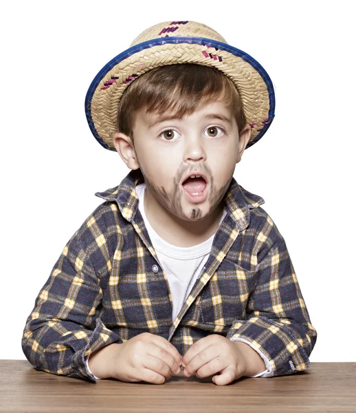 Boy with painted beard and a hat — Stock Photo, Image