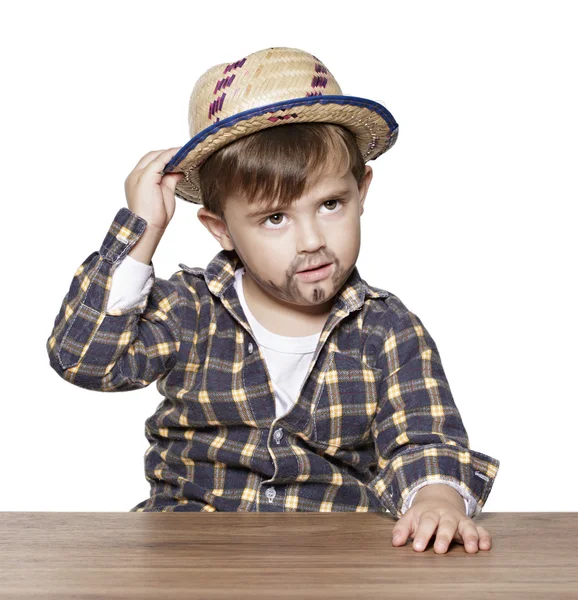 Menino com barba pintada e chapéu — Fotografia de Stock