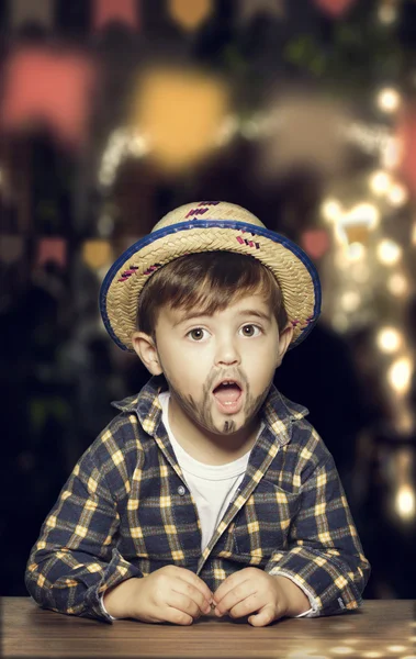 Boy with painted beard and a hat — Stock Photo, Image